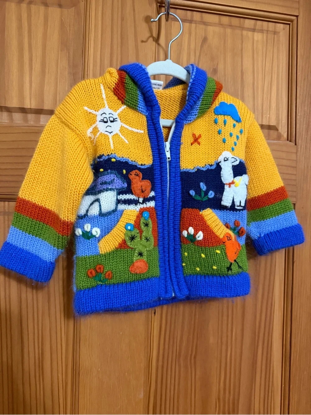 Handmade in Peru Knit Llama Cactus Colorful Kids Zip Hooded Cardigan